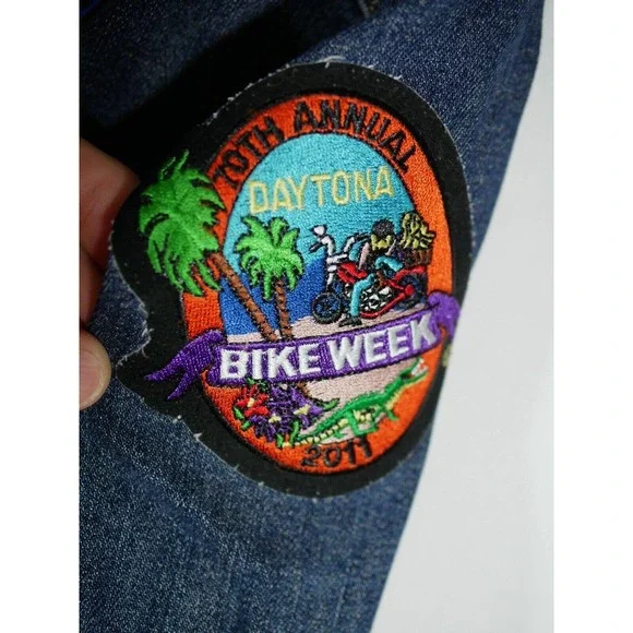 Eddie Bauer Denim Jean Jacket Patches Women XL Biker Bike Week Bands Beer - Picture 11 of 16